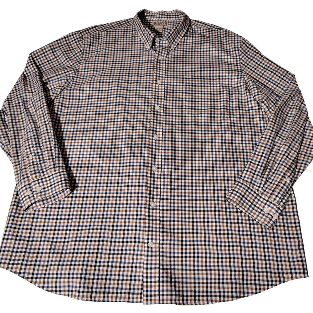 Duluth Trading Co Mens 3XL Tall Plaid Button Down Shirt Blue Brown Cotton